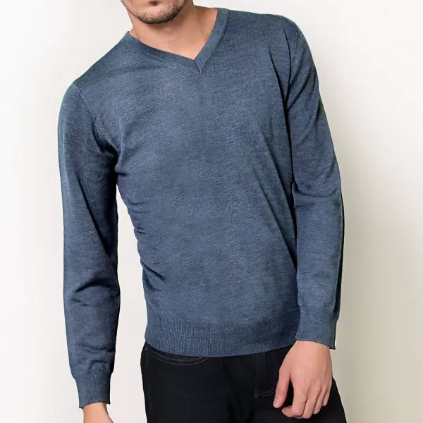 Mens 100% Pure Merino Wool V Neck Sweater Jumper Knit Machine Washable Blue