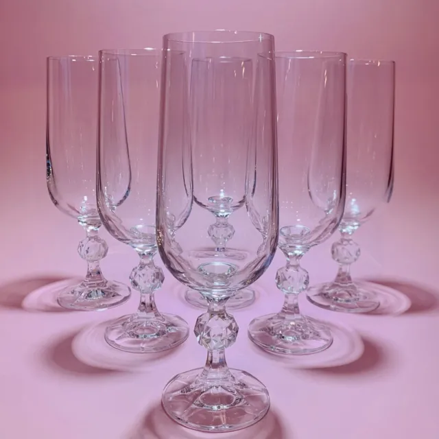 6 Crystal Champagne Flute Glasses. Vintage Bohemia Claudia Pattern.