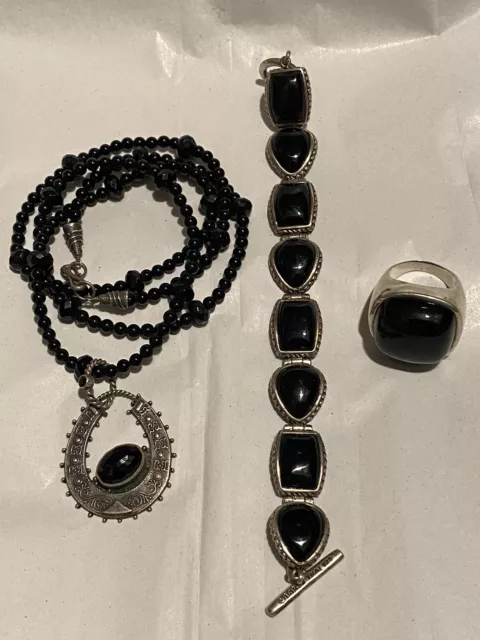 Southwestern black agate and sterling silver braclet, ring size 9, necklace set