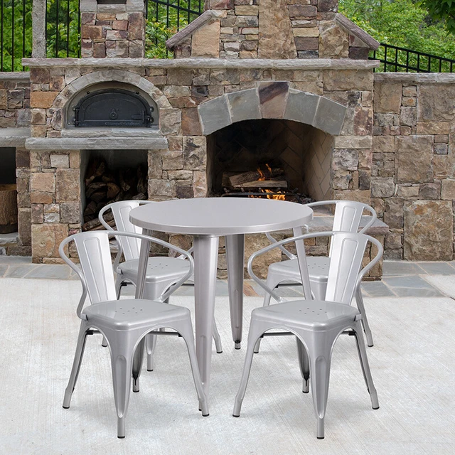 Flash Furniture Commercial Grade 30" Round Silver Metal Indoor-Outdoor Table Set
