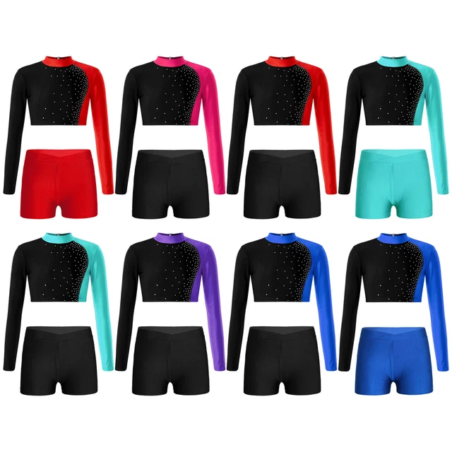 Top a maniche lunghe lucide bambine + pantaloncini danza ginnastica costume sportivo