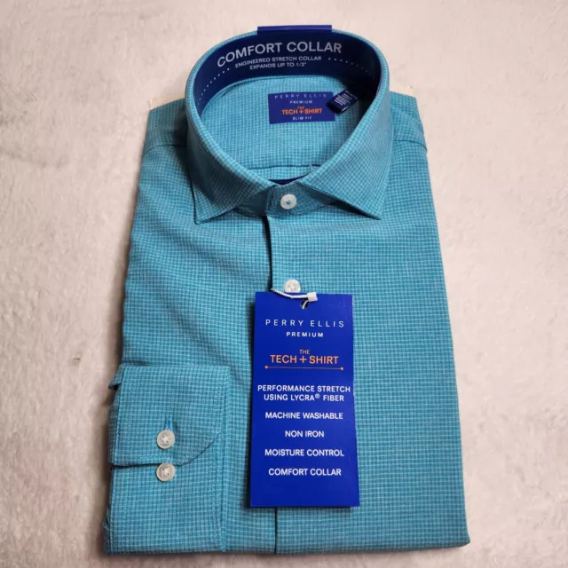 Perry Ellis Premium Non-Iron Slim Fit Dress Shirt Turquoise Check 15.5-34/35 RR