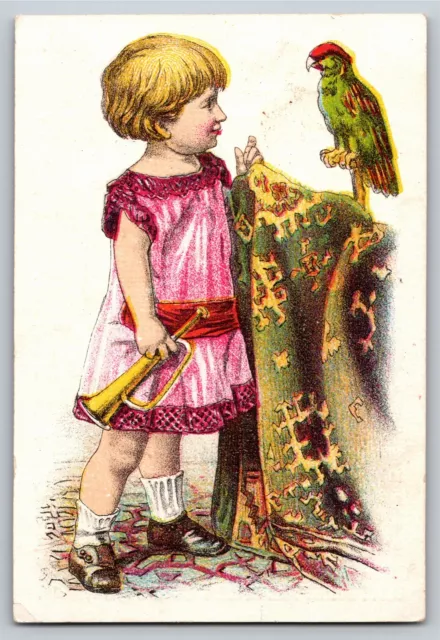 Dayton Spice Mills Ohio Victorian Trade Card - Girl Holding Horn Watches Bird