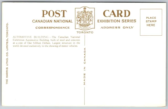 Postcard Toronto ON CNE Automotive Building Canadian National Exhibition Place 2