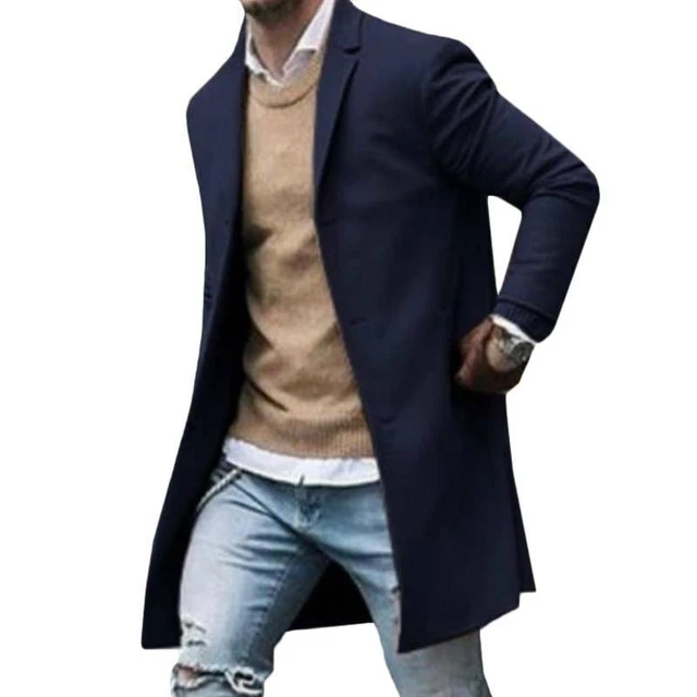 Men's Winter Warm Trench Coat Outwear Overcoat Casual Long Sleeve Button Jacket 8