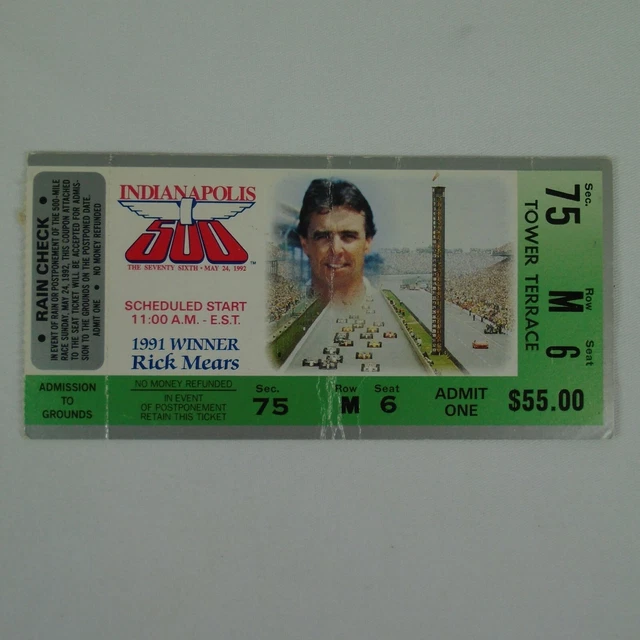 1992 Indy 500 Used Race Ticket Stub Tower Terrace Sec. 75 Row M Seat 6