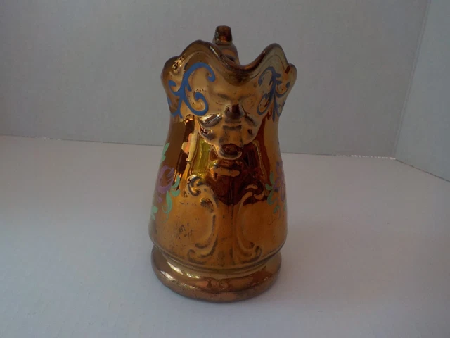 Antique 19th C Copper Lusterware 10 oz Pitcher 5.5” Hand Painted Flowers SIGNED 2
