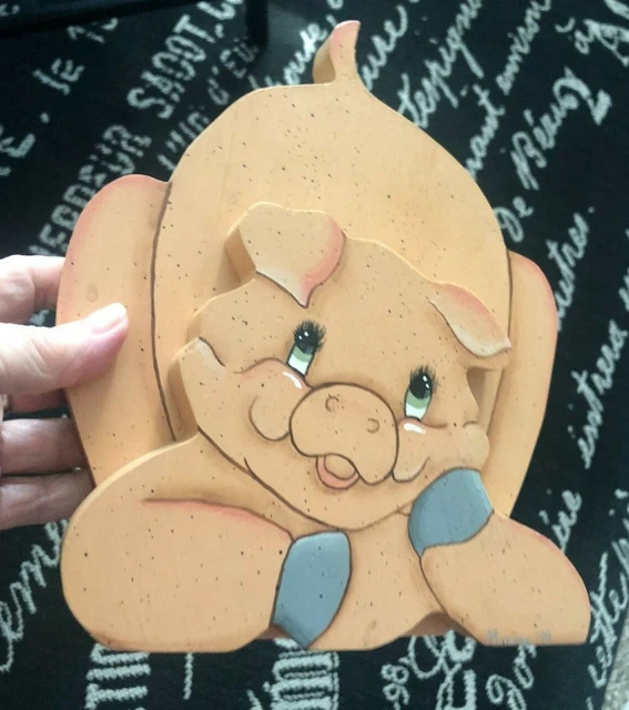 Vtg OOAK Double Wood Perky PIG PLAQUE Artist Hand Painted FARMHOUSE Cottage 1