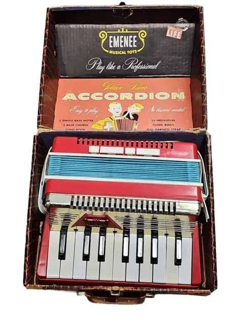 Vintage 1950'S Emenee Golden Piano Accordion Toy Instrument W/Display Box