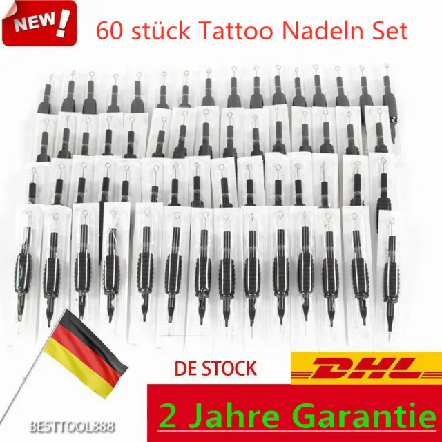 60 x Einweg Tattoo Nadeln Set Griffe Tätowiernadeln Spitzen in 12 Motive Schwarz