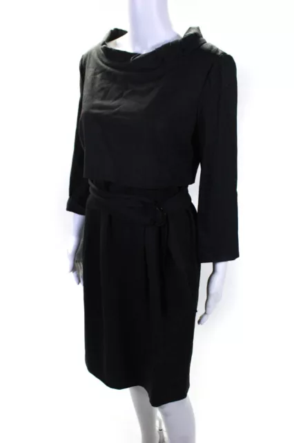 Armani Collezioni Women's Belted Half Sleeve Wool Blend Midi Dress Black Size 10 2