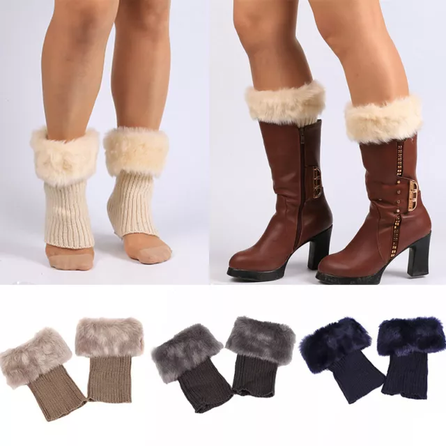 Women Winter Knitted Boot Cuffs Fur Knit Crochet Toppers Trim Socks Leg Warmer