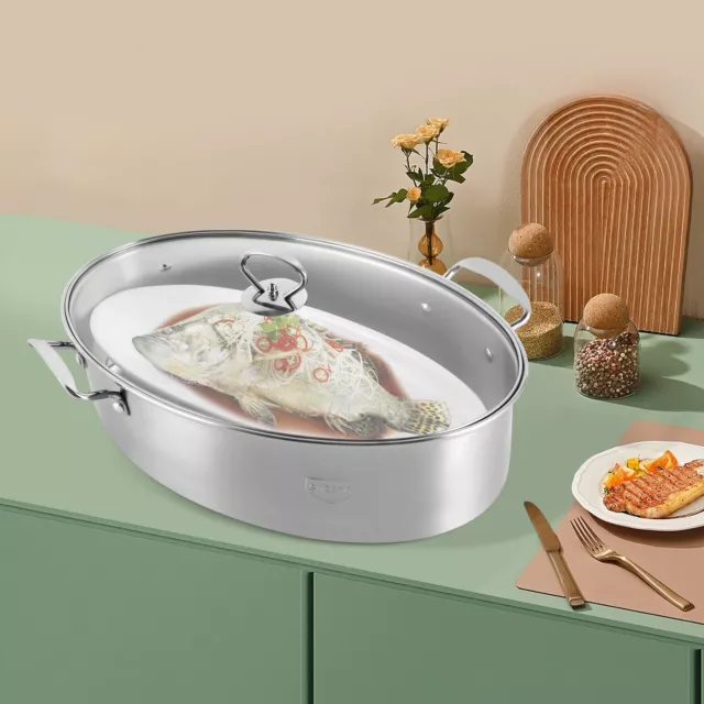 Stainless Steel Oval Roaster Multifunctional Fish Steamer Roasting Pan w/Lid