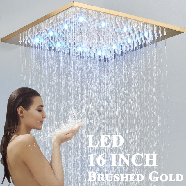 LUXURY BRUSHED GOLD LED Rain Shower Head 16in Square Rainfall Top Spray ...