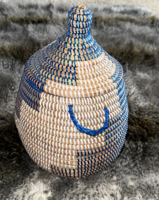 Senegal Hand Woven Basket Pot with Lid Recycled Blue Cream Storage 12” x 10”