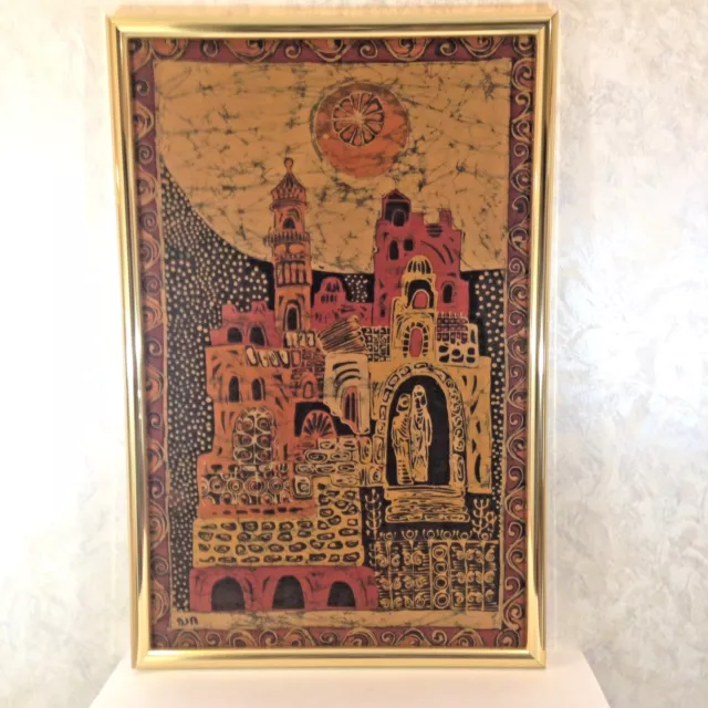 Vintage Framed Judaica Fabric Art Jerusalem Old City Brown Muted Orange 36x24"