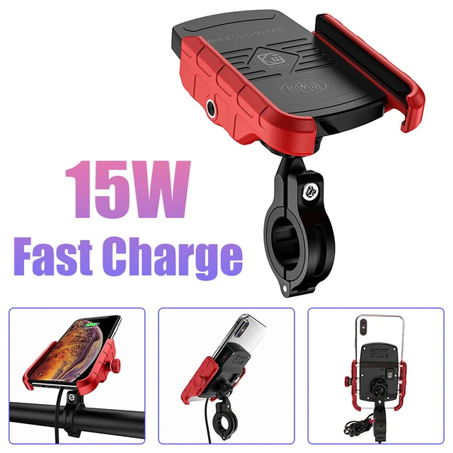 Motorcycle Cell Phone Holder With Wireless USB Charger 15W Fast Charging CN Red
