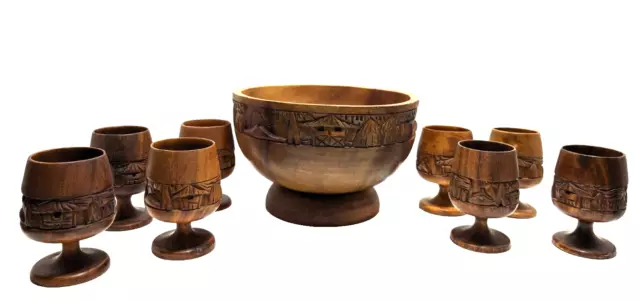 Wood Punch Bowl Tiki Hand Carved Set with 8 Goblets BOHO Brown Party Serveware