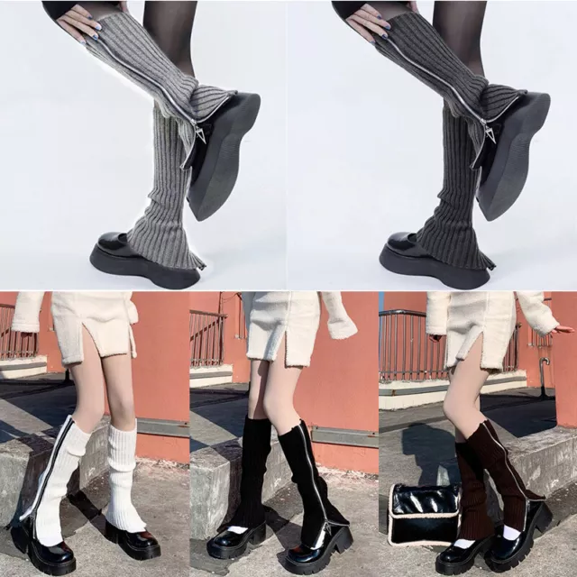 Women Gothic Punk Ribbed Knitted Warmers Zipper Up Solid Boot Knee High Socks