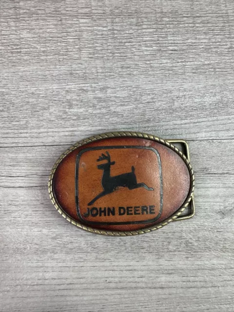 Vtg 1980s RJ Brand John Deere Leaping Deer Logo Brass & Leather Belt Buckle