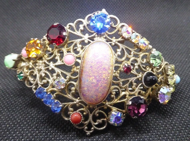 Very Large Vintage Czech Multi Rhinestone Faux Opal Etc Hair Clip