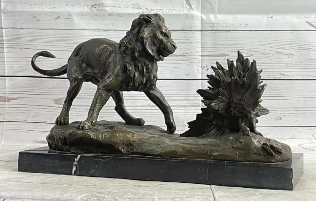 Intense Encounter Milo's Lion and Porcupine Bronze Figurine Fine Art Collectible