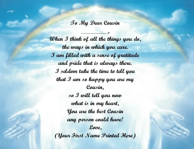 Christmas Gift/ Birthday Gift For Cousin Personalized Poem Gift ~ Rainbow Hands