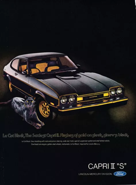 1976 Ford Capri II "S", Le Cat Black, Very Sharp American Car Magazine Ad