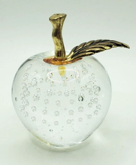 VINTAGE APPLE BULLICANTE Glass Paperweight Hand Blown Brass Stem Art