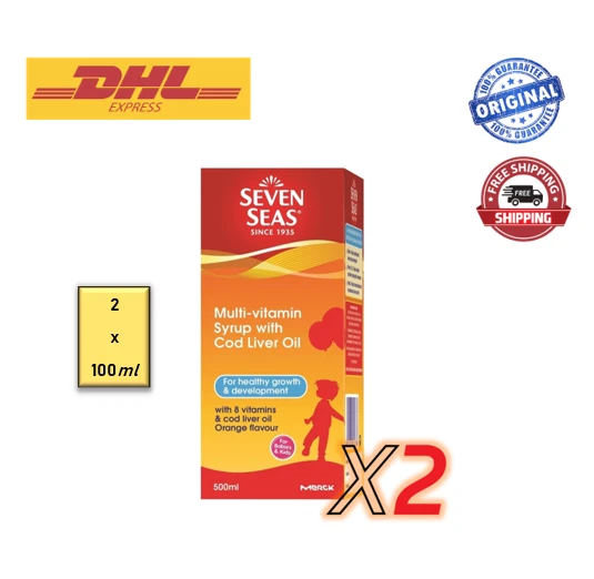 2x Seven Seas Multivitamin Syrup Cod Liver Oil 100ml Orange Flavour For Kids