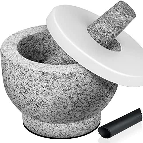 Tera Mortier et Pilon en Marbre Granit avec Couvercle en Pierre Massif 14 cm de