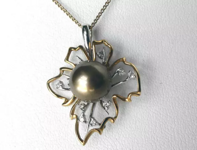 14k Gold 10.5 MM Brown Chocolate Tahitian Pearl Diamond Open Leaf Pendant NEW