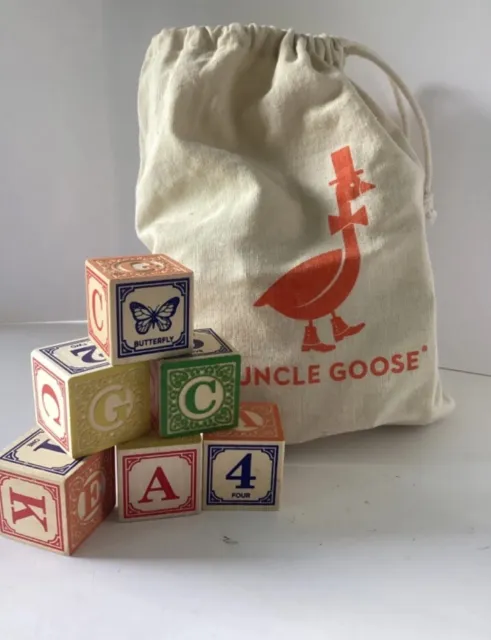 VTG Uncle Goose Wood Alphabet Blocks Raised Embossed 1.75"ABC USA EUC Canvas Bag