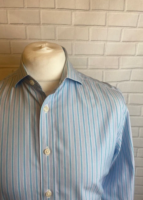 Camicia Charles Tyrwhitt 15,5"" - 35"" blu a righe aderente con bottoni polsino NON FERRO