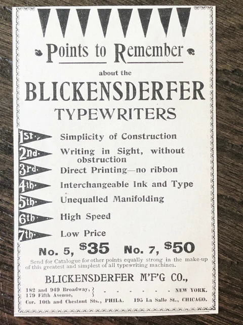 Original 1/1899 Points to Remember BLICKENSDERFER Typewriter Vtg Office Print Ad