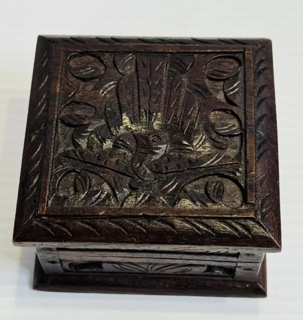 Vintage Small Black Forest Box Hinged Hand Carved Wood Bird Trinket 3”x3”x2”T 3