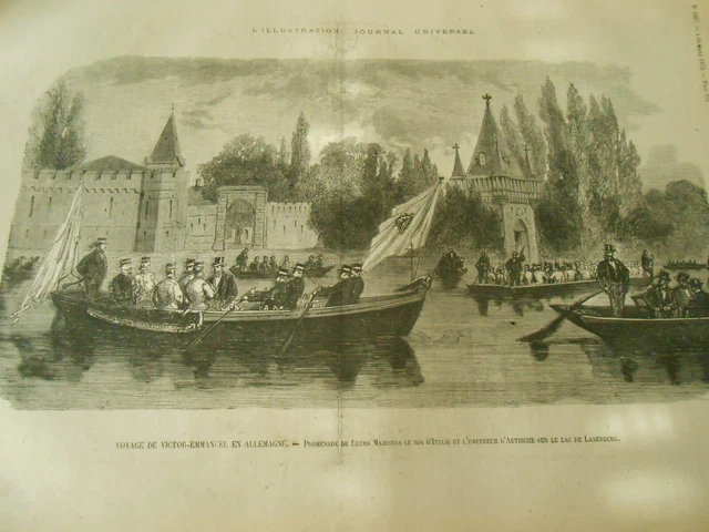 Gravure 1873  - Le Roi d'Italie et l'empereur d'Autriche sur Lac de Laxenburg
