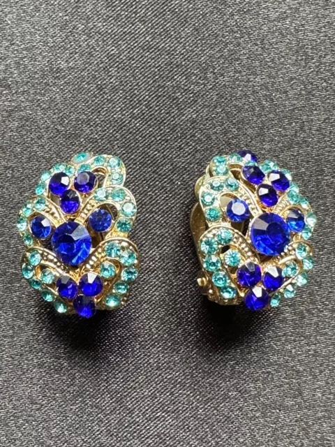 Superb Vintage French Designer Clip-on Earrings - Two tones of Blue crystals