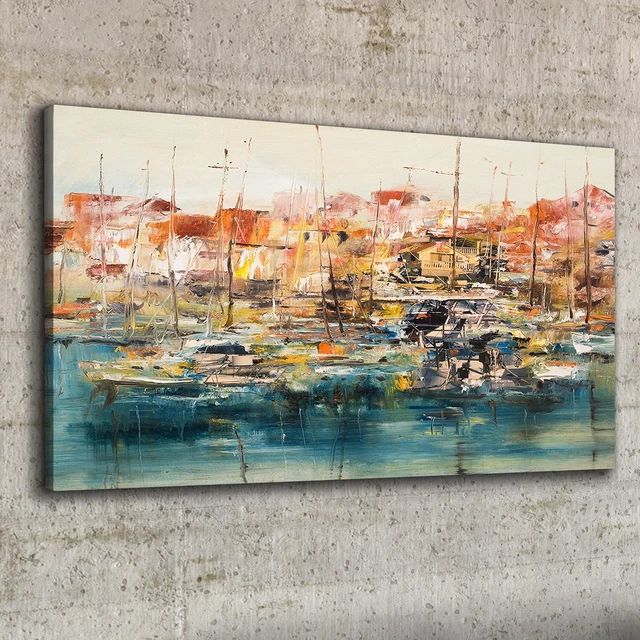 Image Muraux Tableau sur Toile 100x50 Peinture Abstraction port navires bateaux