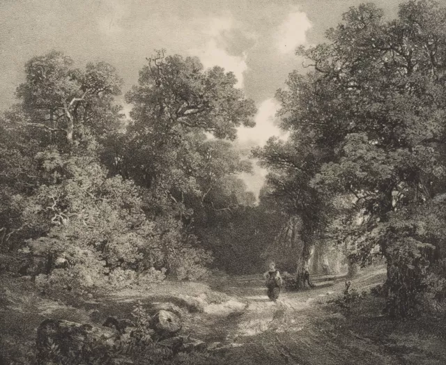 Nach CALAME (*1810), Waldweg mit Spaziergängerin, Lith. Romantik Landschaft