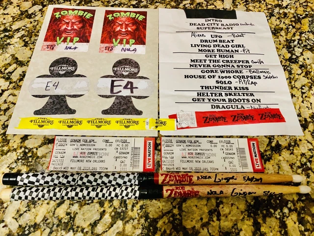 Ginger Fish Signed Stage Used Drum Sticks & Passes Rob Zombie Manson New Orleans Ginger Fish Signed Stage Used Drum Sticks & Passes Rob Zombie Manson New Orleans