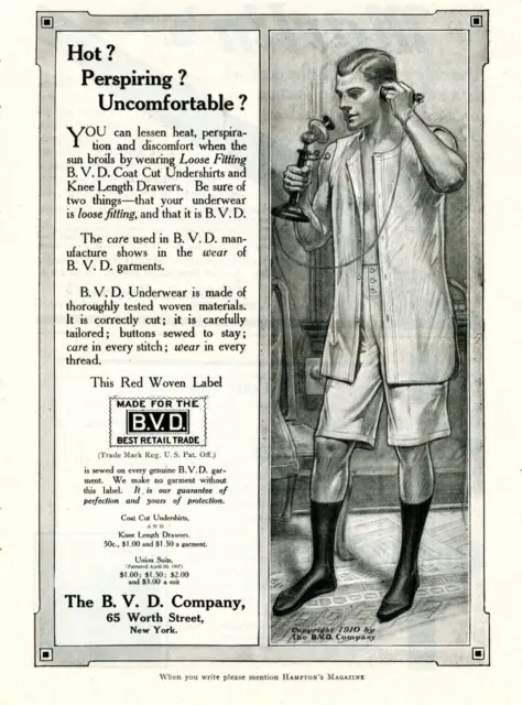 1910 Original BVD Mens Underwear Ad. Gay Interest Young Man On Candlestick Phone