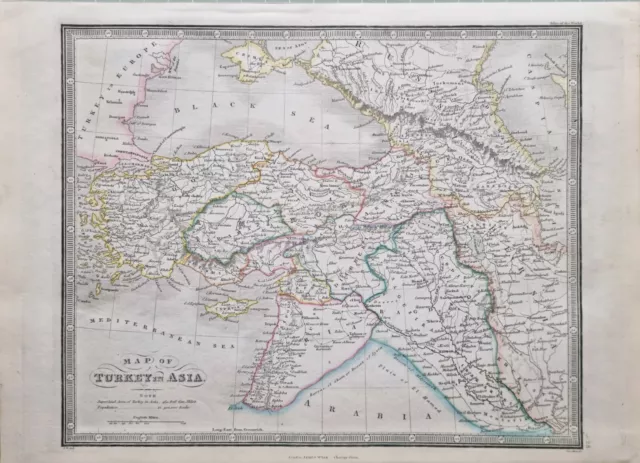 1872 Hand Coloured Map Turkey In Asia Sivas Aleppo Armenia Georgia Syria