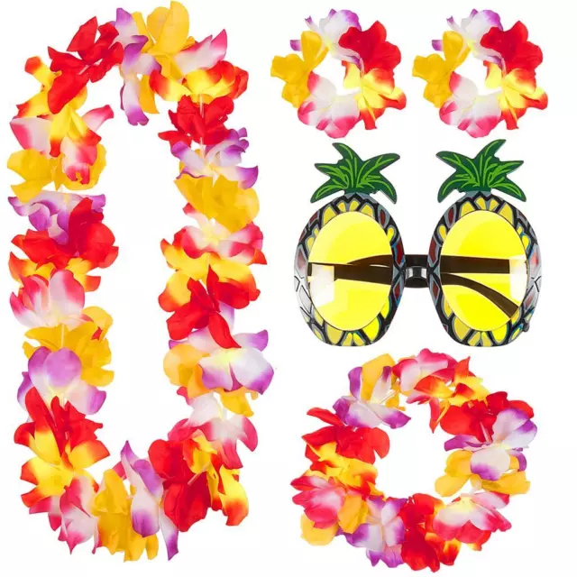 4Pc Lei Garland Set & Pineapple Glasses Hawaiian Hula Luau Fancy Dress Costume