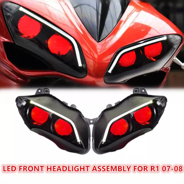 KT Headlight Assembly LED & HID Projector for Yamaha R1 2007 2008 Red Demon Eye