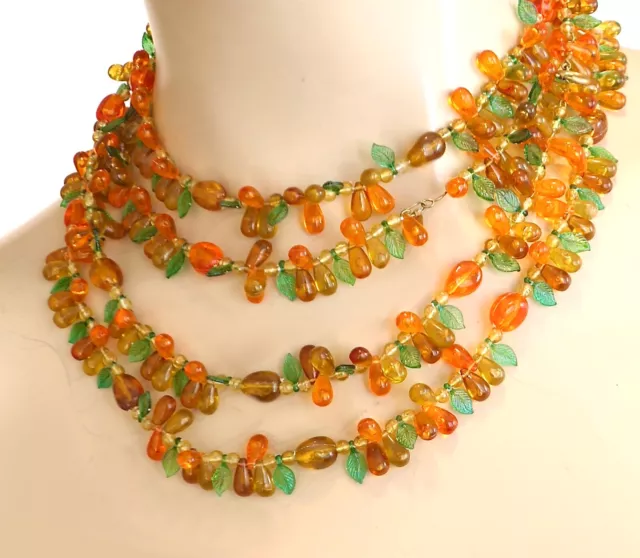 Vintage Bubble Plastic Leaf And Pear Shape 35 Inch Long Necklace Orange Amber
