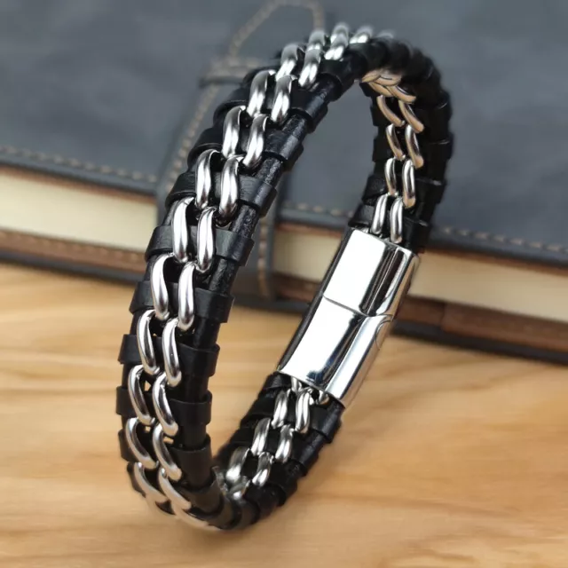 Gourmette Pour Homme En Acier Inoxydable Argenté Et Noir - Bracelet Large Et Robuste