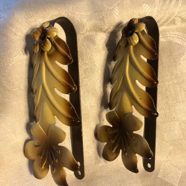Vintage  Drapery Curtain Pull Back Ties  Embossed Metal Yellow Brown Leaf Floral 8