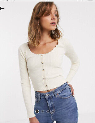 Topshop Cream Ribbed Lettuce Edged Long Sleeved Button Crop Top
