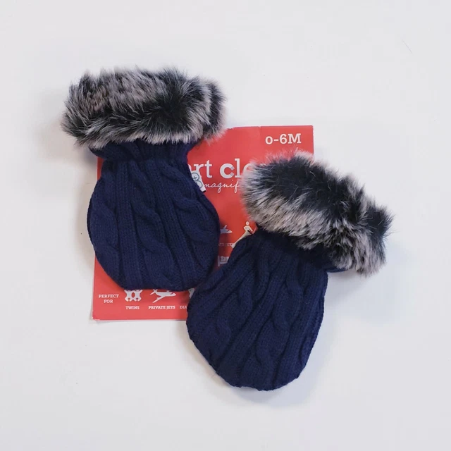 Magnificent Baby Navy Blue Cable Knit Mittens W/ Faux Fur Mink Trim 0-6 Months